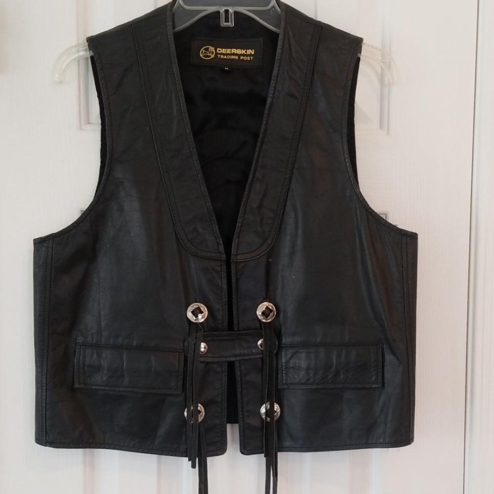 Black Leather Motorcycle Vest with Conchos M